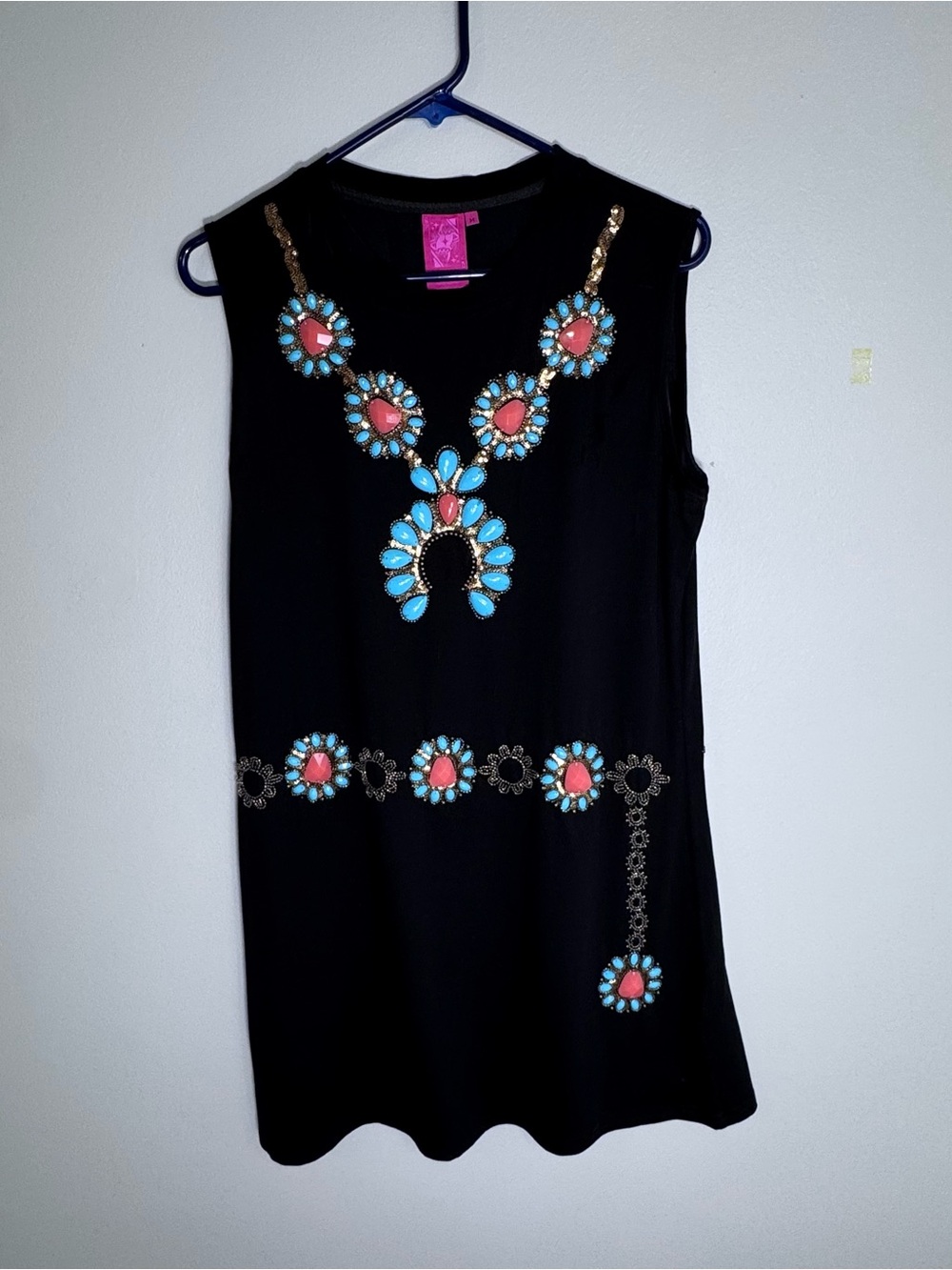 Queen of Sparkles Black Turquoise Squash Blossom Belt Tank Dress Size M Rodeo